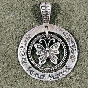 Sterling Silver butterfly design small round ATI pendant “kind heart” marked 925